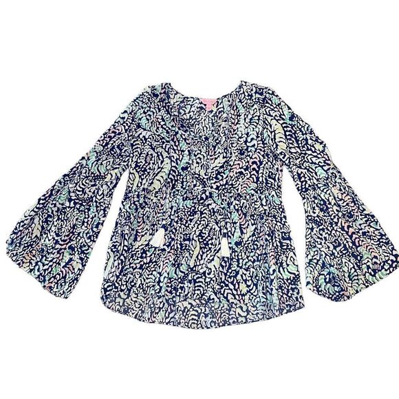 Lilly Pulitzer Kahli Blue Grotto Bell Sleeve Top Size Small ML-114 - Picture 2 of 12